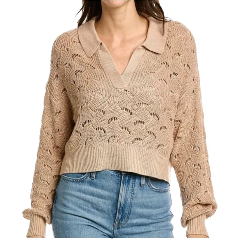 525 America Large Crochet V-Neck Sweater Light Brown Oat Soft Open Knit NEW